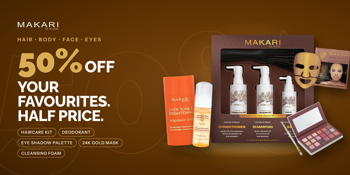 Makari 50% off: Haircare Kit, Deodorant, Eye Shadow Palette, 24K Gold Mask, Cleansing Foam